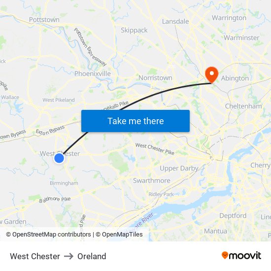 West Chester to Oreland map