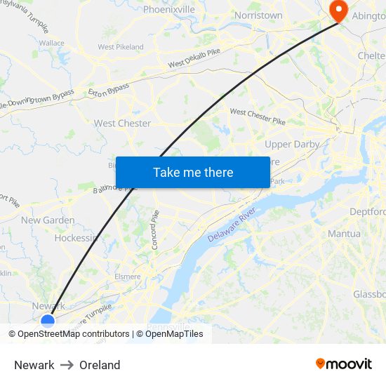 Newark to Oreland map