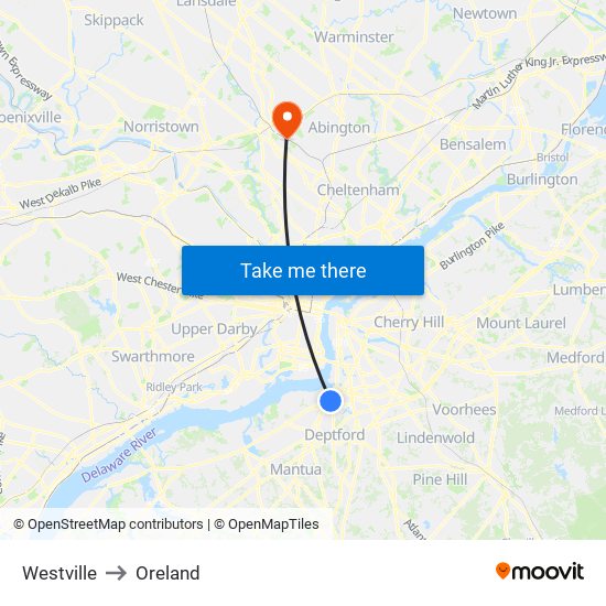 Westville to Oreland map