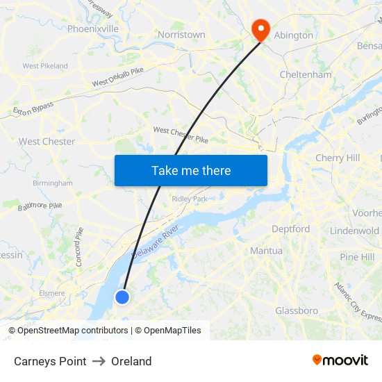 Carneys Point to Oreland map