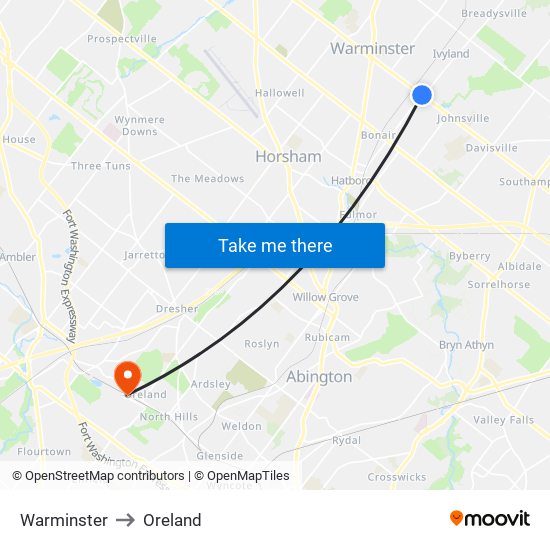 Warminster to Oreland map