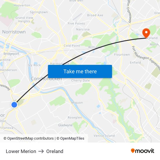 Lower Merion to Oreland map