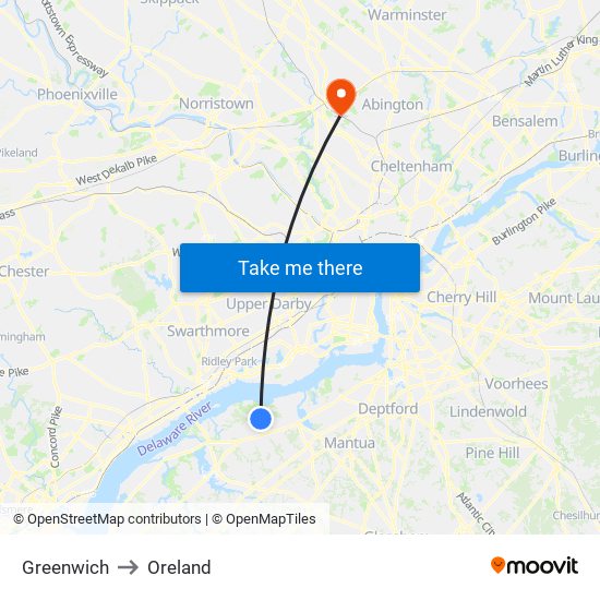Greenwich to Oreland map