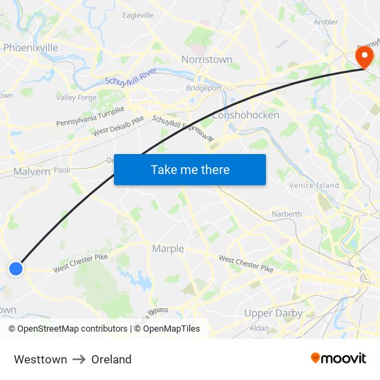 Westtown to Oreland map