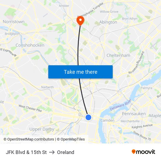 JFK Blvd & 15th St to Oreland map