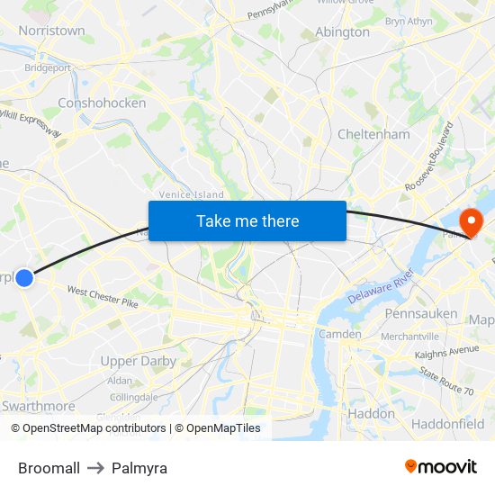 Broomall to Palmyra map