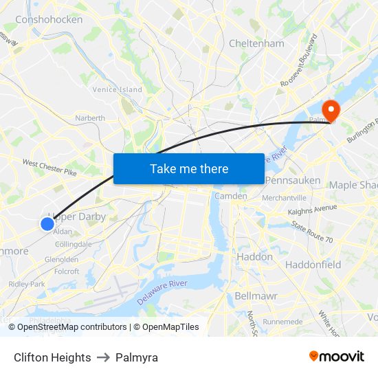 Clifton Heights to Palmyra map