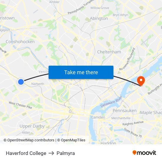 Haverford College to Palmyra map