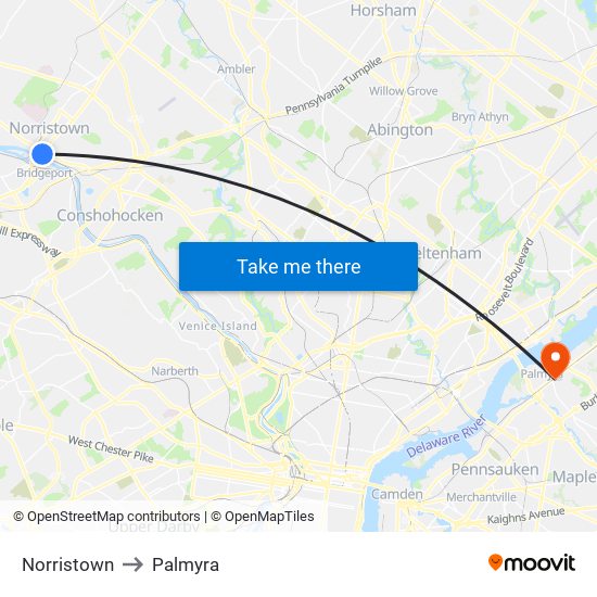 Norristown to Palmyra map