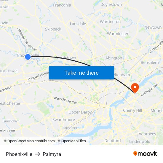 Phoenixville to Palmyra map