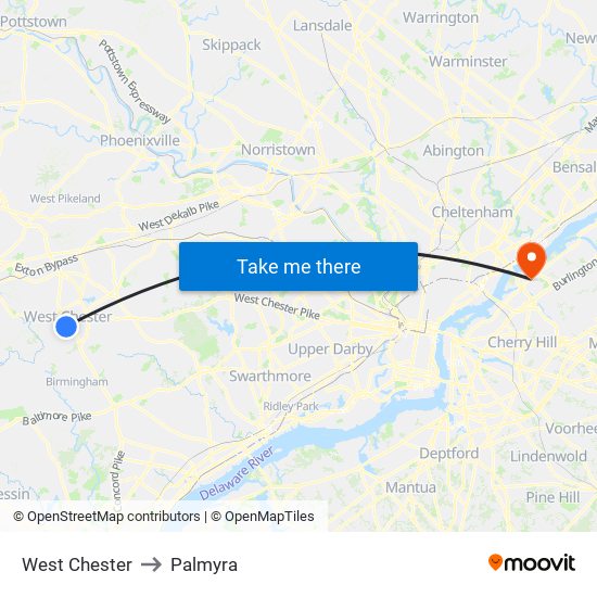 West Chester to Palmyra map