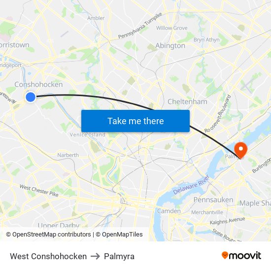 West Conshohocken to Palmyra map