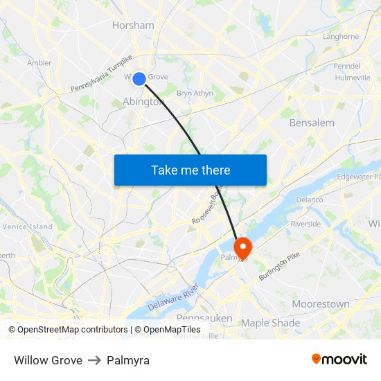 Willow Grove to Palmyra map