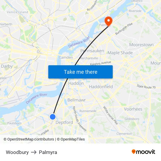 Woodbury to Palmyra map