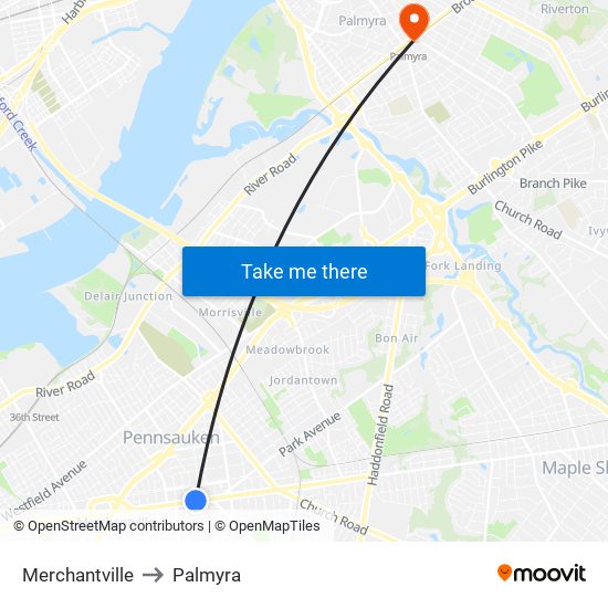 Merchantville to Palmyra map