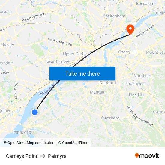 Carneys Point to Palmyra map