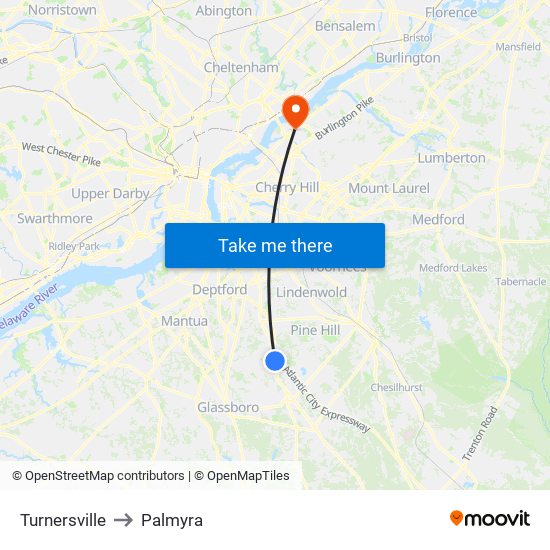 Turnersville to Palmyra map