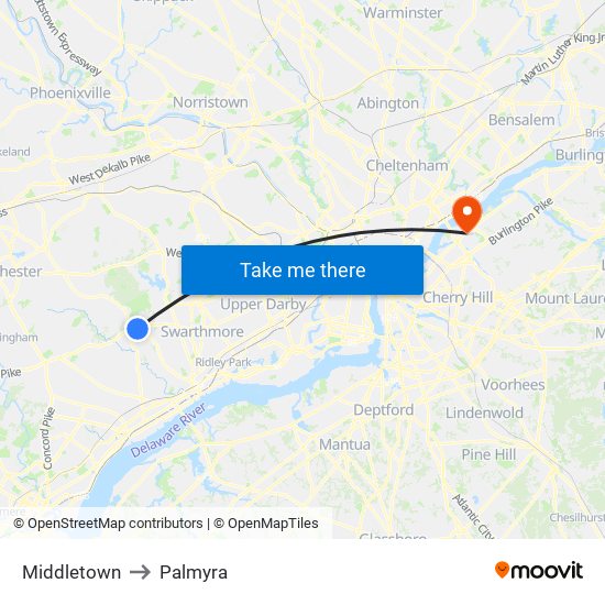 Middletown to Palmyra map