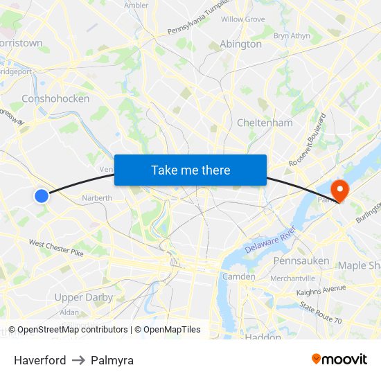 Haverford to Palmyra map