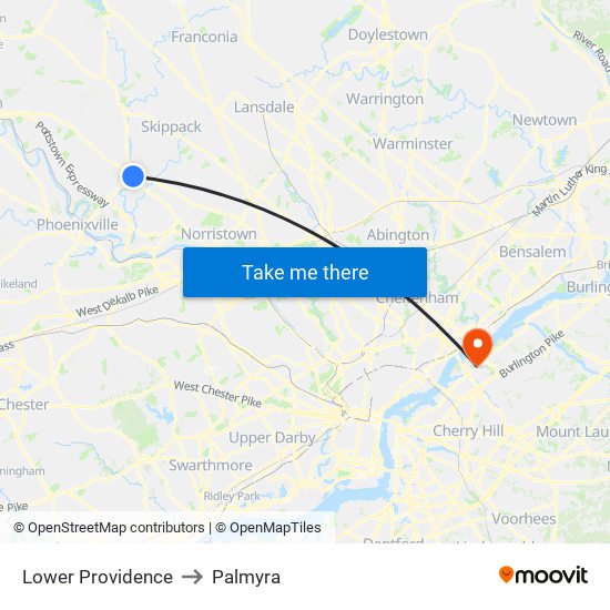 Lower Providence to Palmyra map