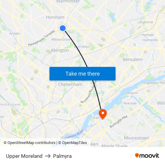 Upper Moreland to Palmyra map