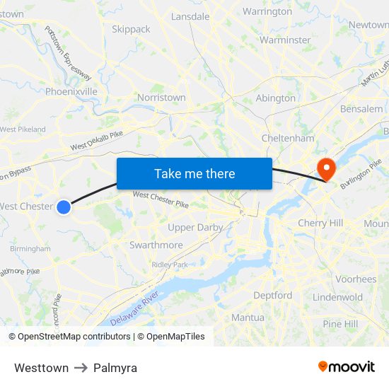 Westtown to Palmyra map