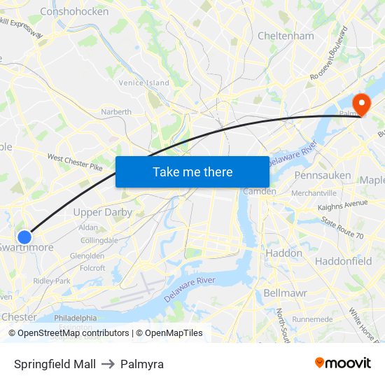 Springfield Mall to Palmyra map