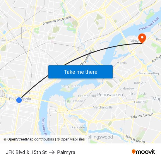 JFK Blvd & 15th St to Palmyra map