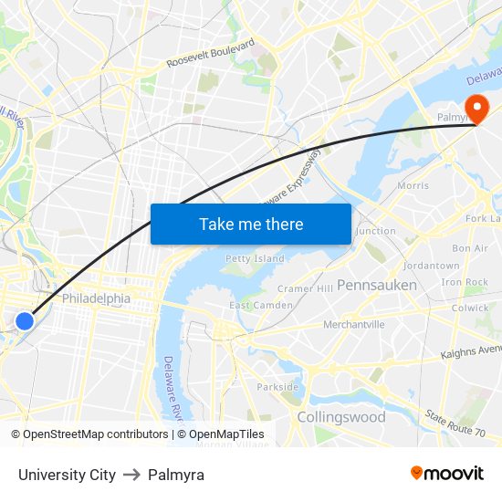 University City to Palmyra map