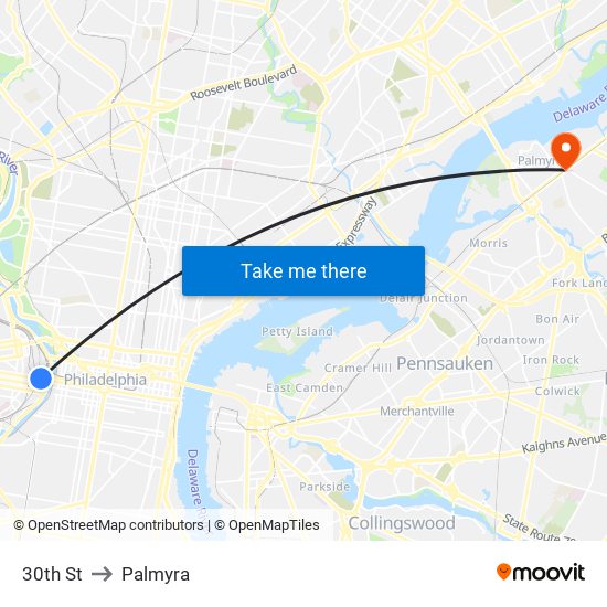 30th St to Palmyra map