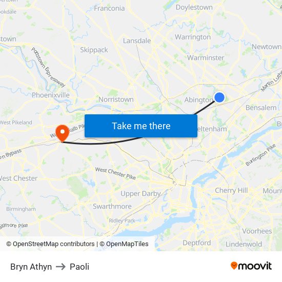 Bryn Athyn to Paoli map