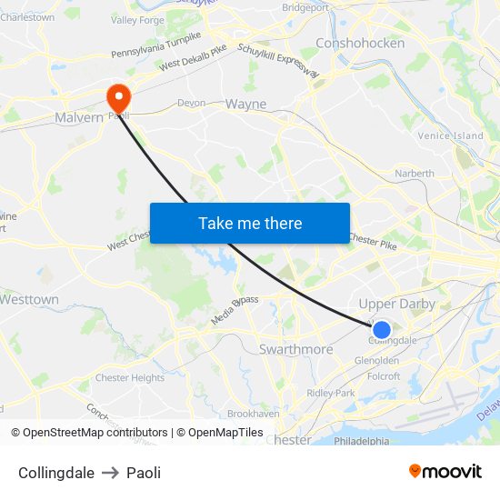 Collingdale to Paoli map