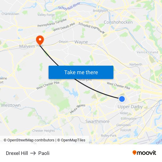 Drexel Hill to Paoli map