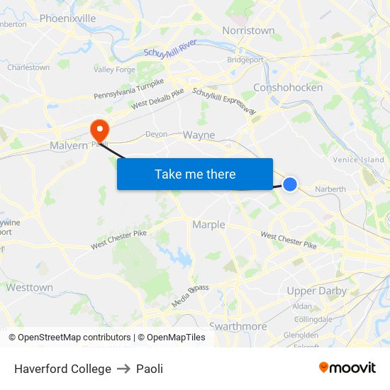 Haverford College to Paoli map