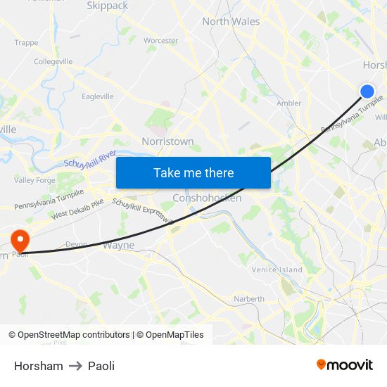 Horsham to Paoli map