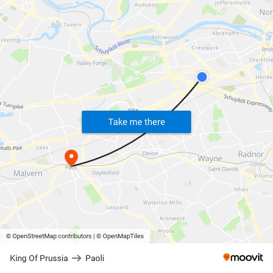 King Of Prussia to Paoli map