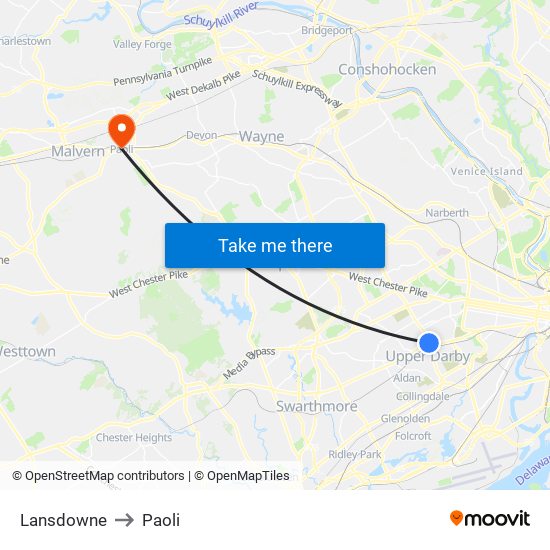 Lansdowne to Paoli map