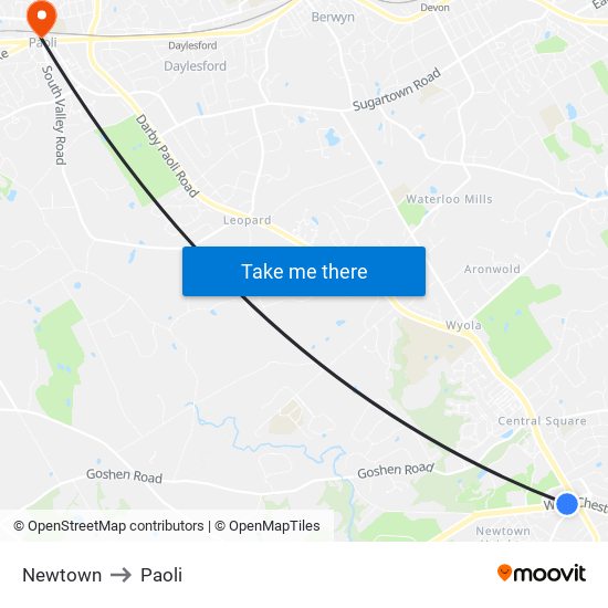 Newtown to Paoli map