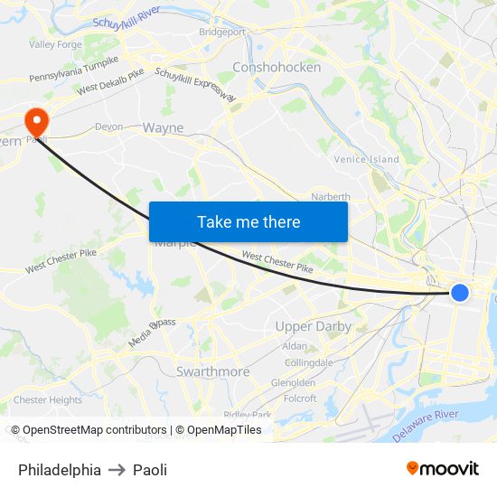 Philadelphia to Paoli map