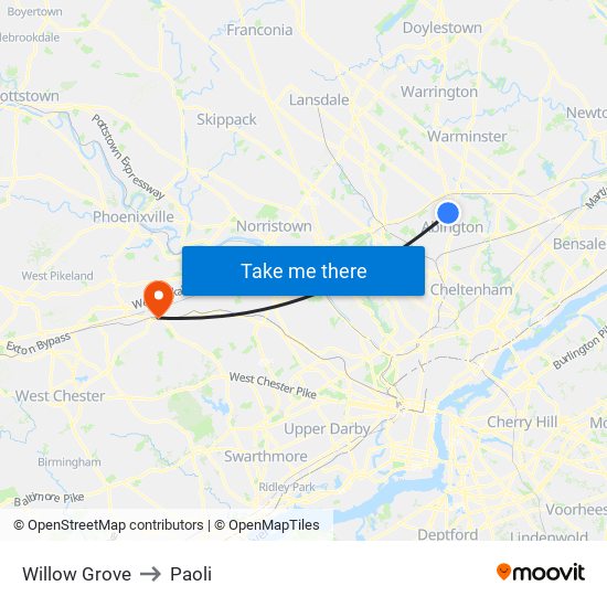 Willow Grove to Paoli map