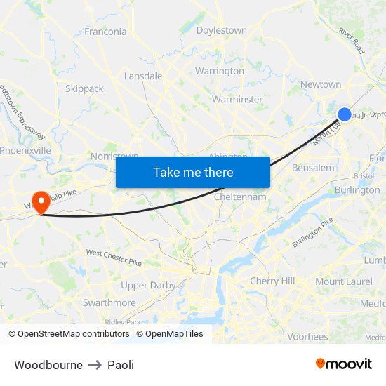 Woodbourne to Paoli map