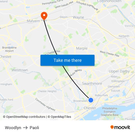 Woodlyn to Paoli map