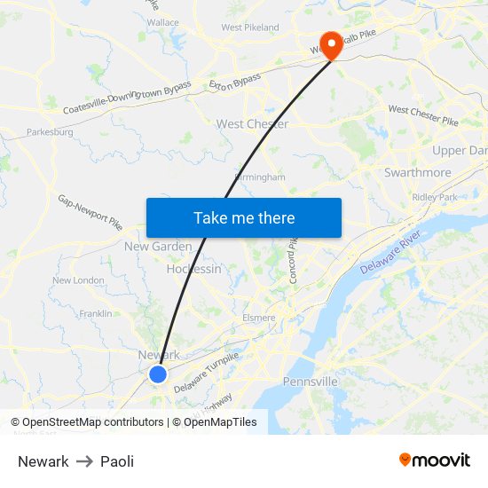 Newark to Paoli map