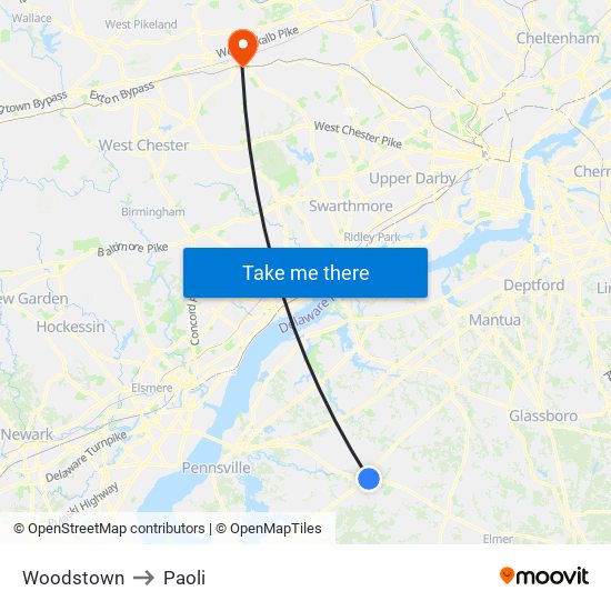 Woodstown to Paoli map