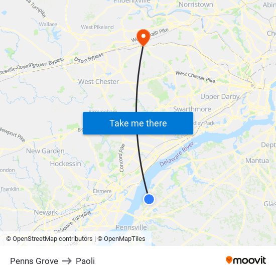 Penns Grove to Paoli map