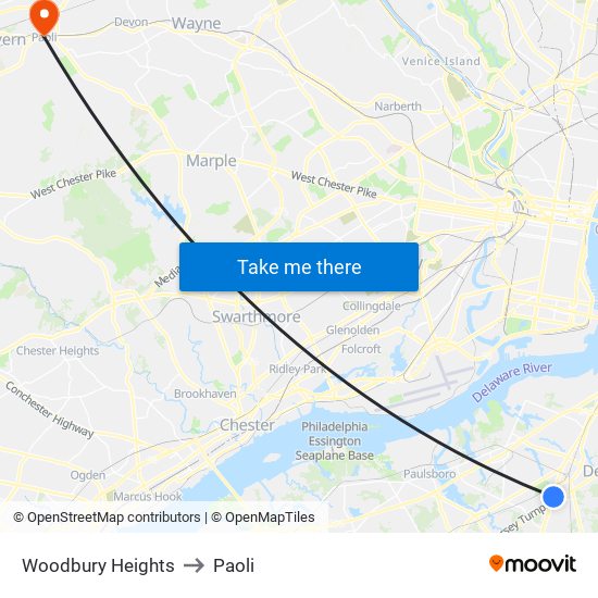 Woodbury Heights to Paoli map