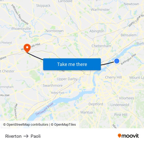 Riverton to Paoli map