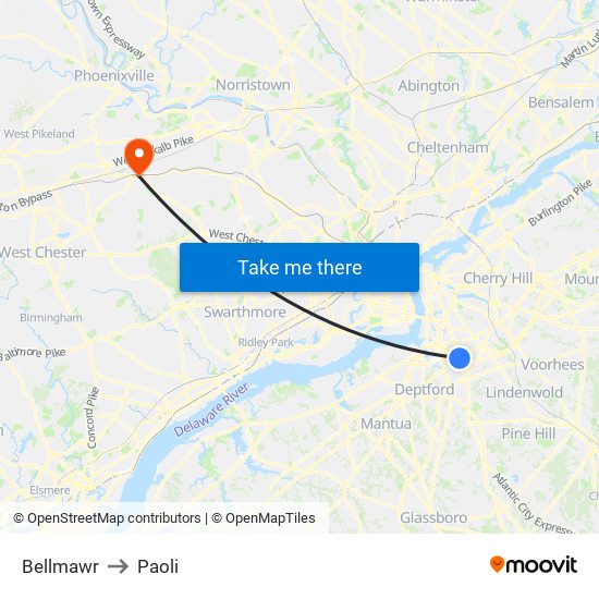 Bellmawr to Paoli map