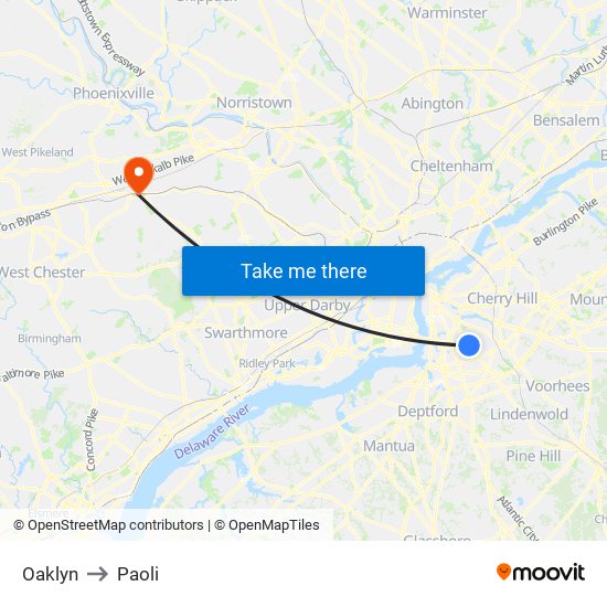 Oaklyn to Paoli map