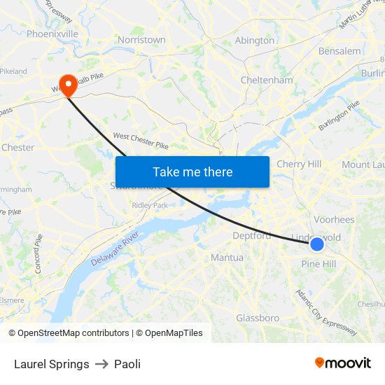 Laurel Springs to Paoli map